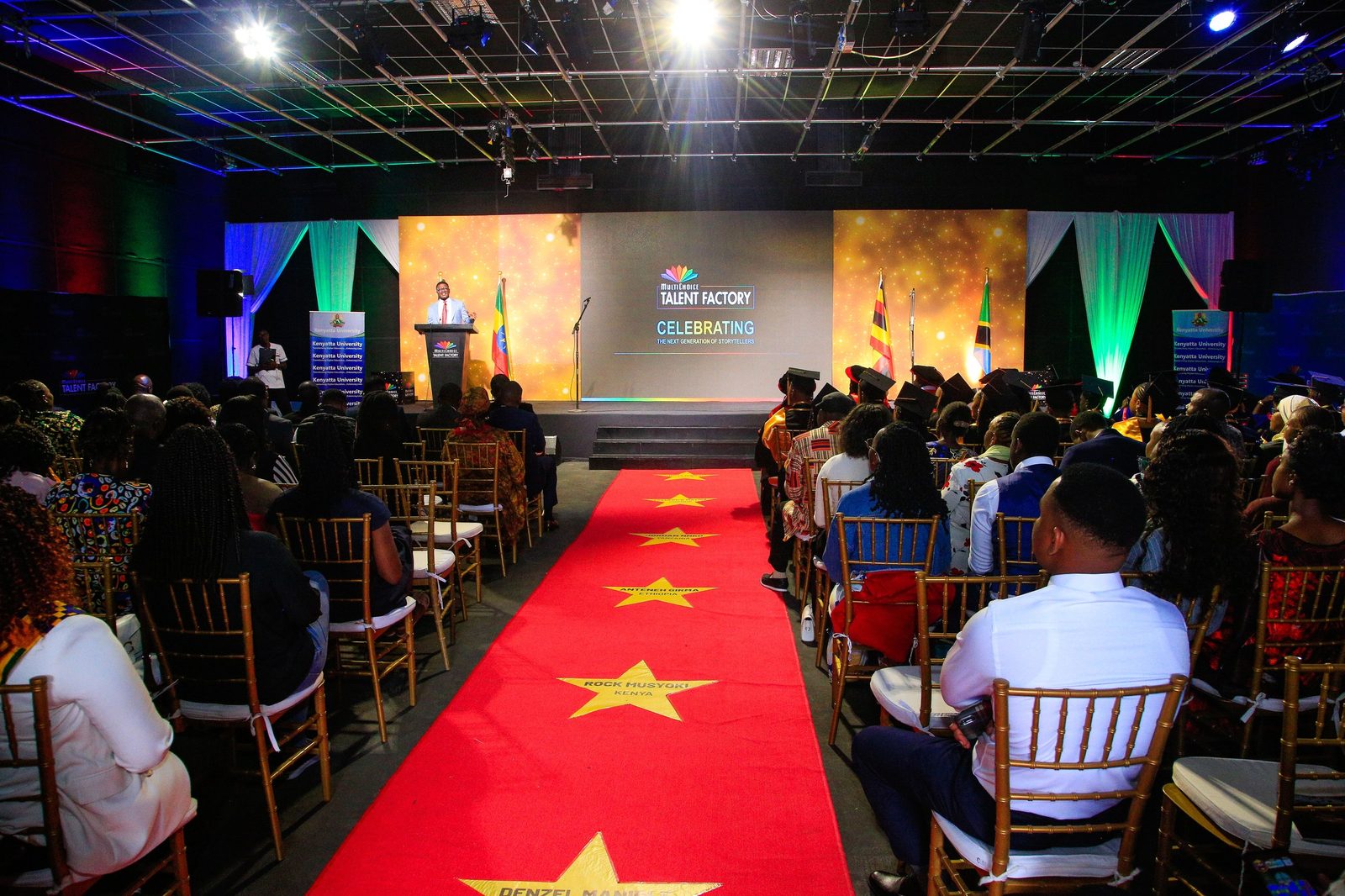 A full house at an awards evening, a red carpet running between name stars to a lit stage