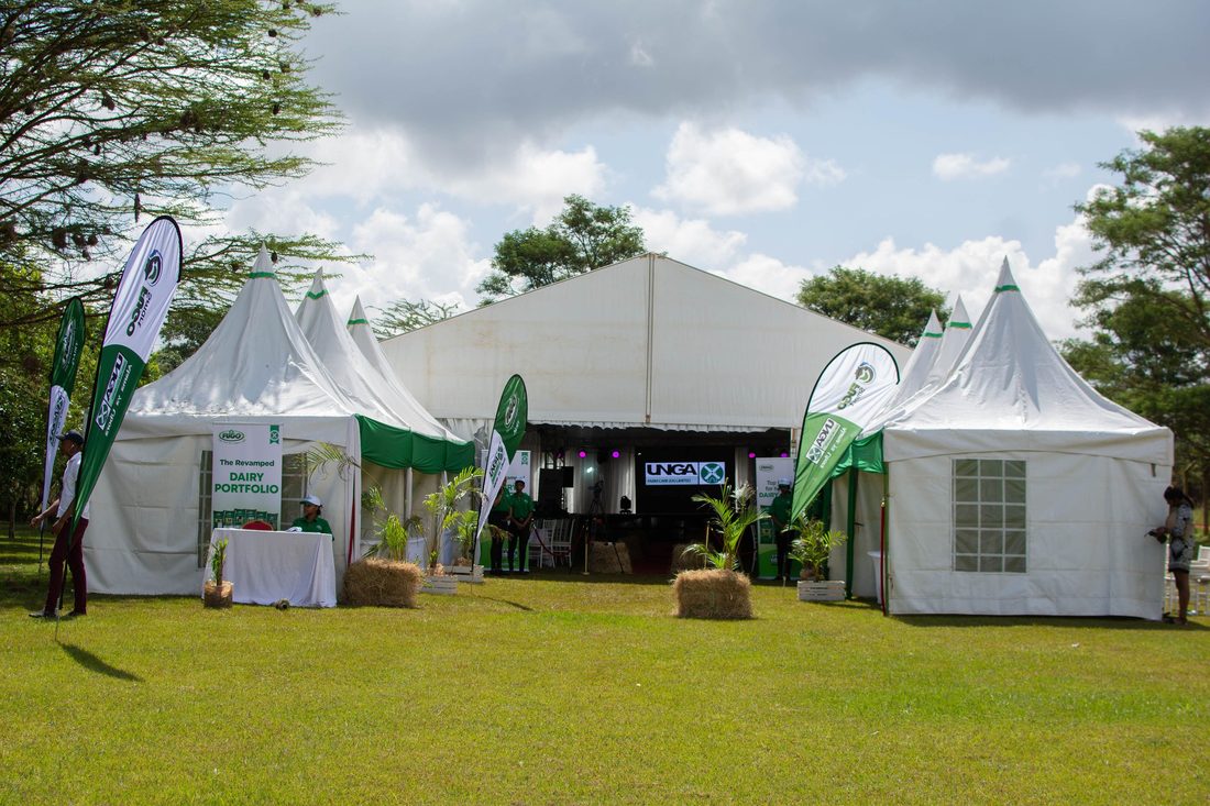 A cluster of branded marquees set out across a lawn for an outdoor conference