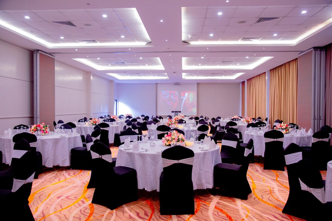 A banquet suite dressed for dinner