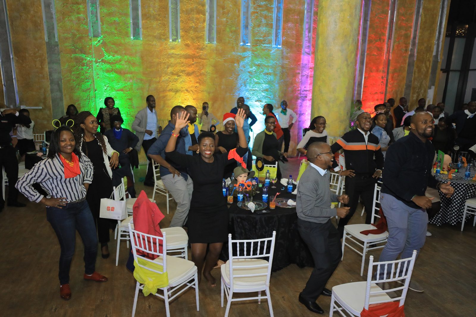A full dance floor mid-song at an end-of-year party