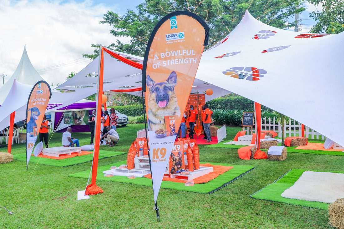 An outdoor launch site with stretch tents, printed flags and product plinths