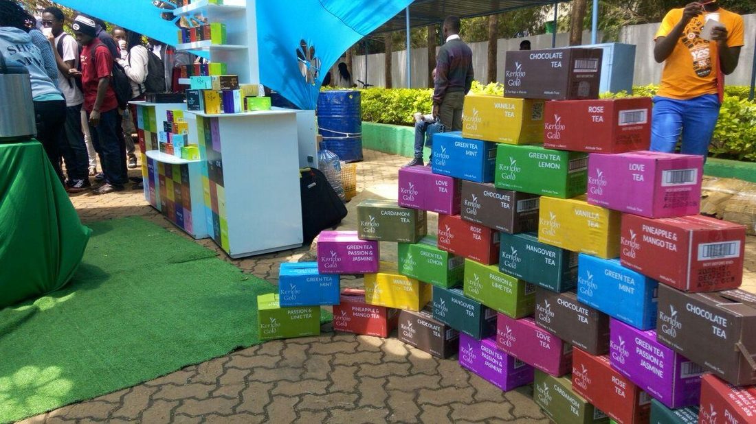 A colour-blocked crate wall installation