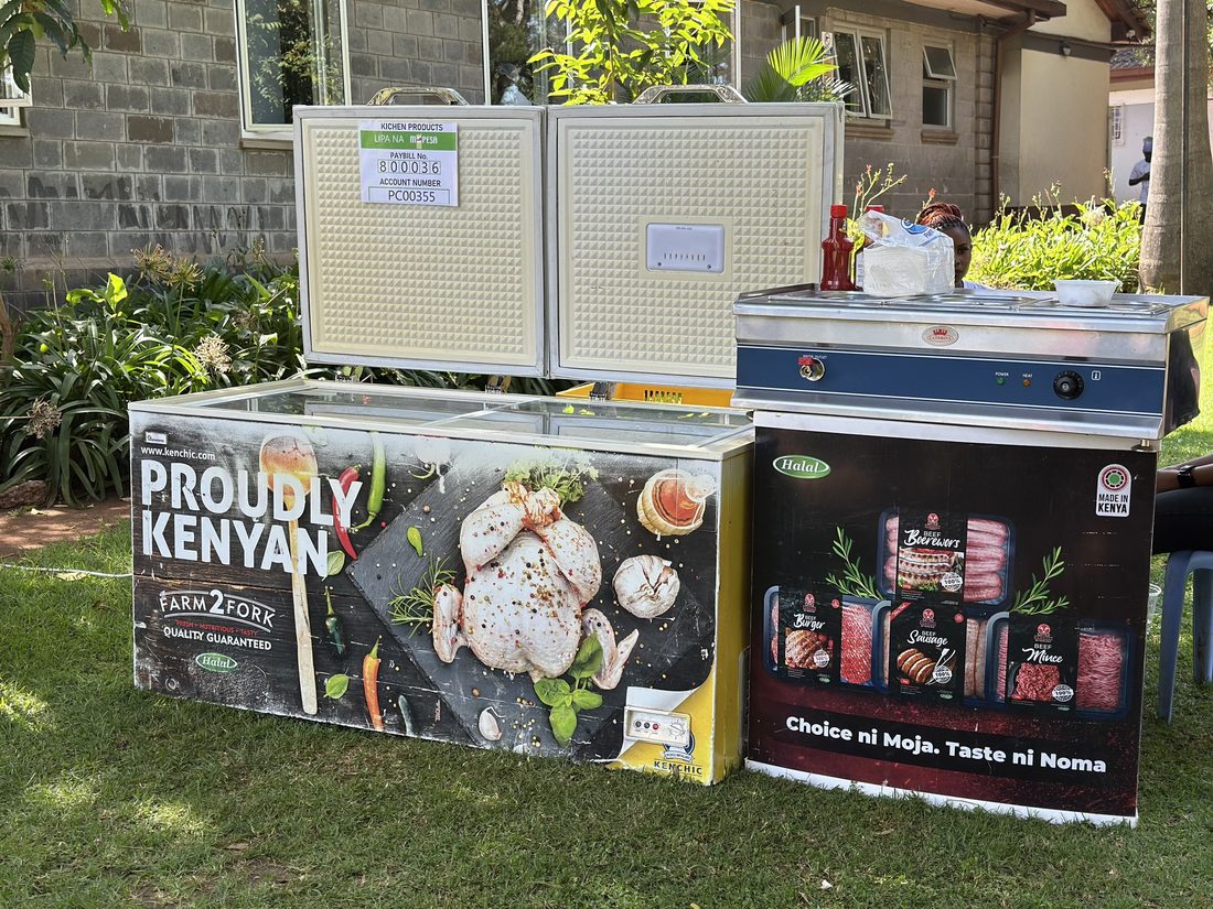 A printed product cabinet and display case set up on a lawn